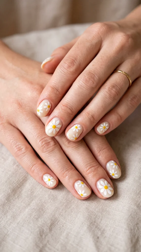 A person's hand with a yellow flower painted on the nail.