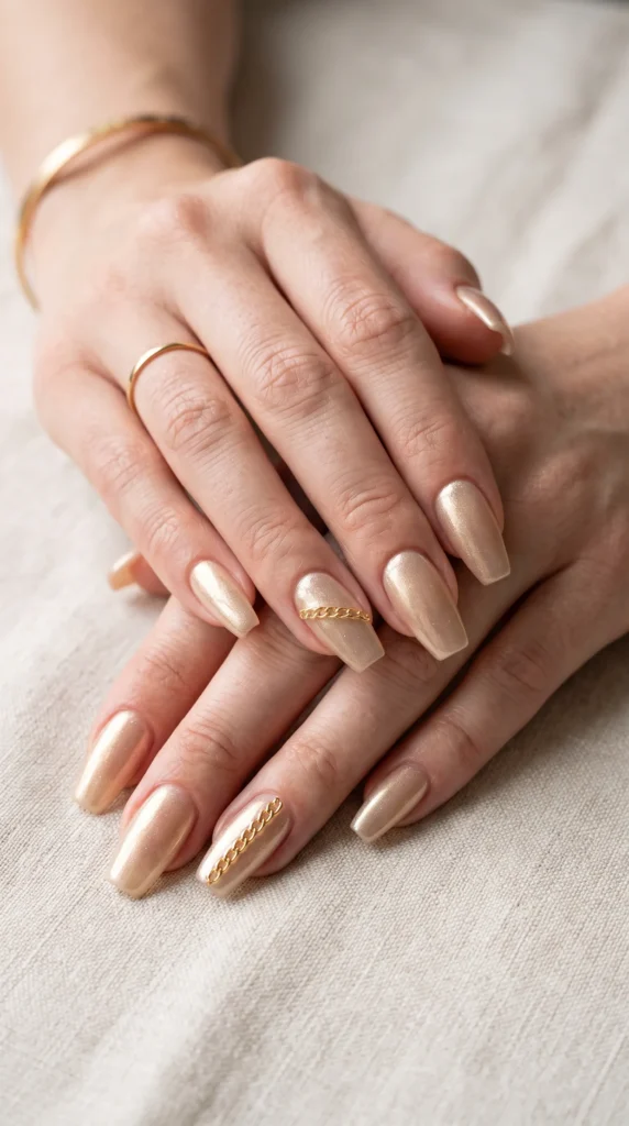 A woman's hand with a gold ring on the middle finger.