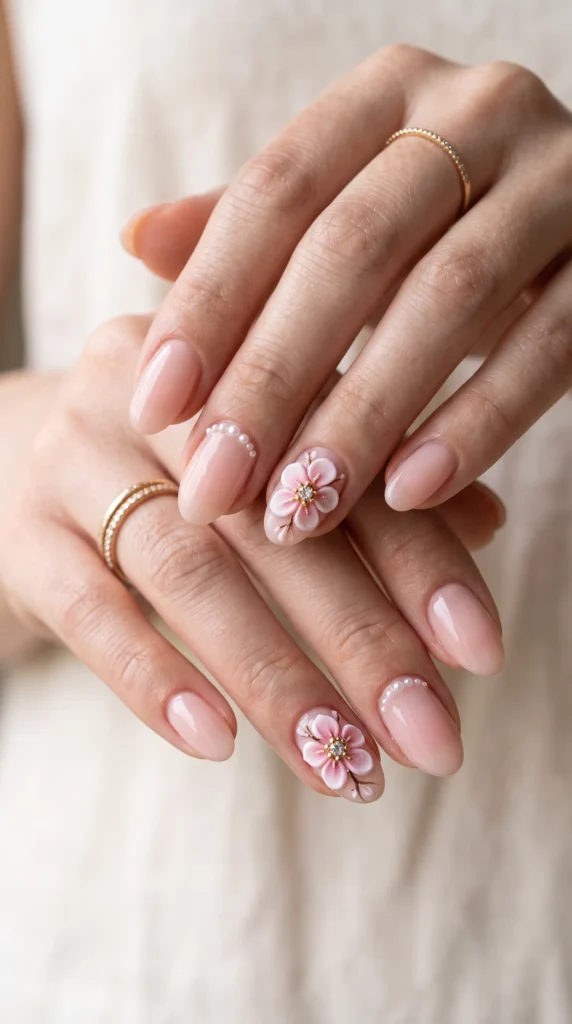 A woman with pink nail polish and a ring on her finger.