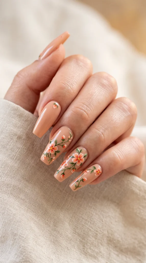 A person's hand with a pink nail polish with a flower design.