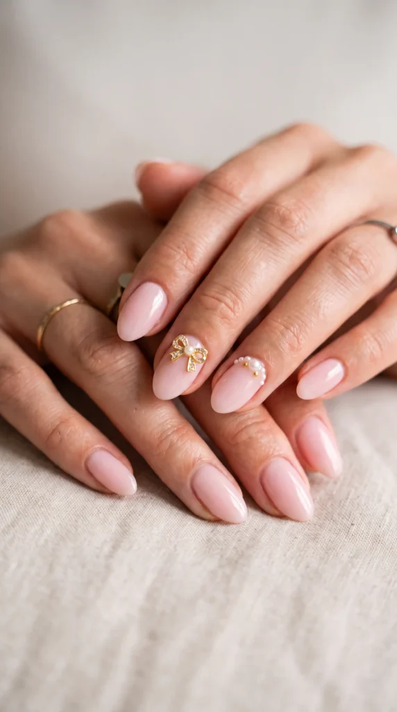 A woman's hand with a pink nail polish and a gold flower on the tip of the nail.