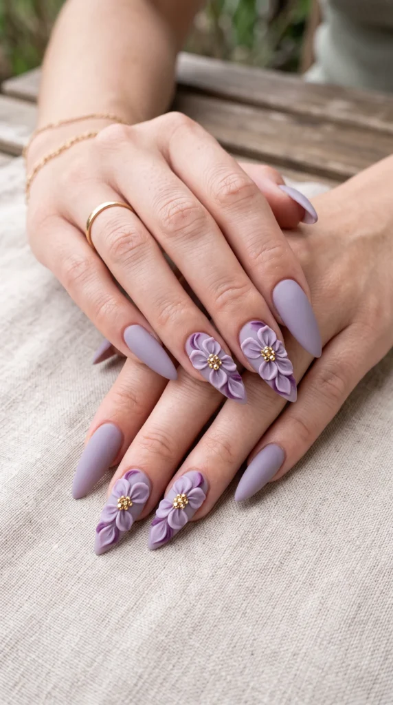 A person with purple nails and a ring on their finger.