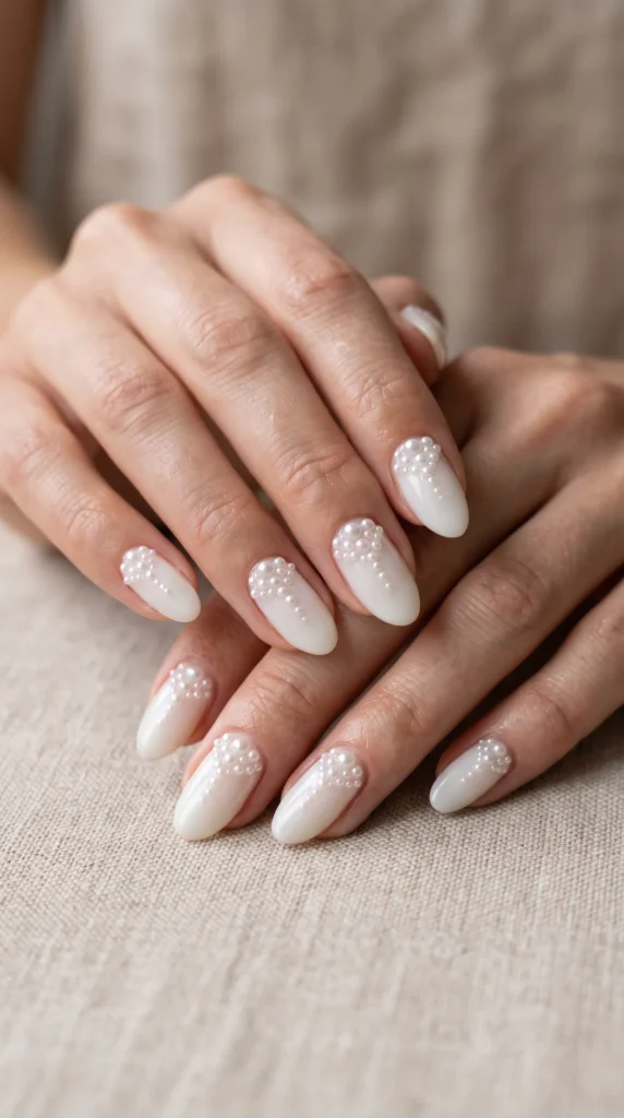A woman's hand with white nail polish and white dots.