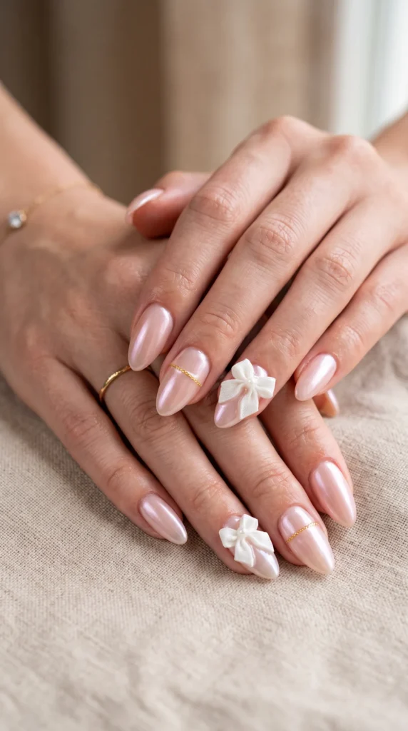 A woman's hand with pink nail polish and a white bow on the middle finger.