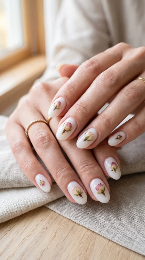 A woman with painted nails and a ring on her finger.