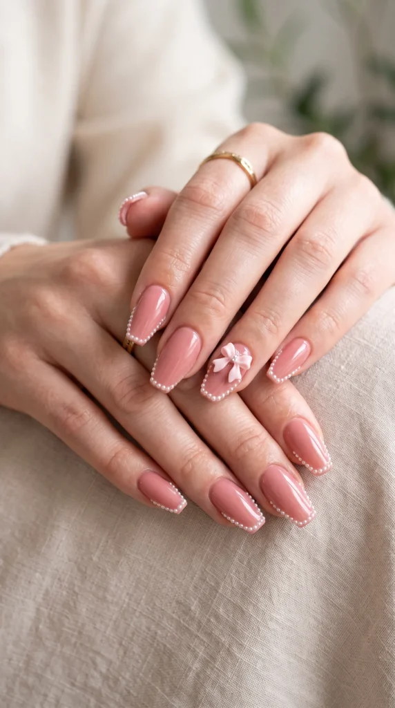 A woman's hand with pink nail polish and a bow on the finger.