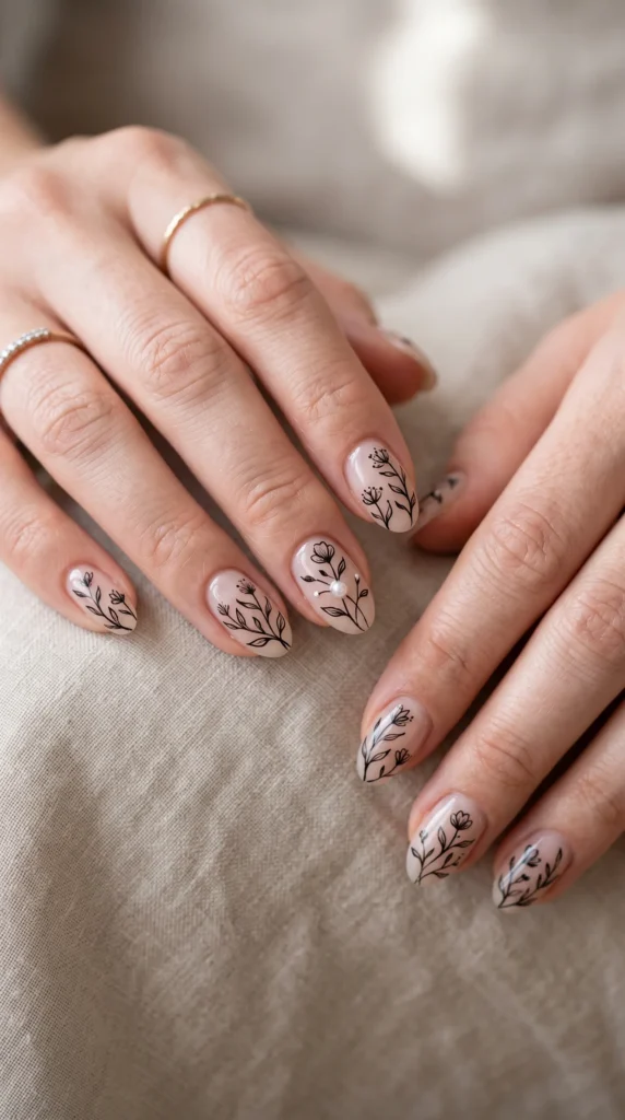 A woman with a flower design on her fingernails.