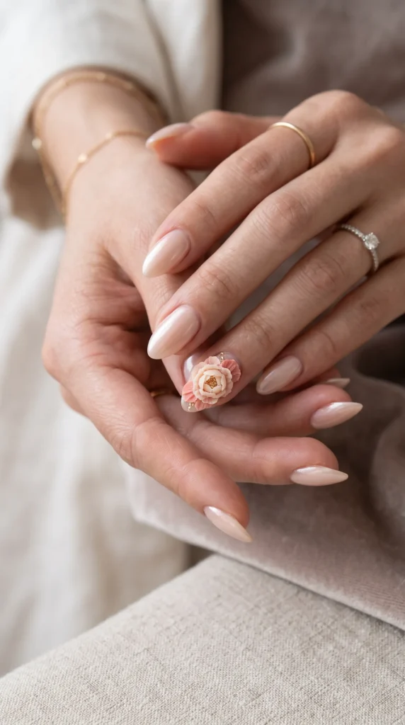 A woman's hand holding a ring with a pink flower on it.
