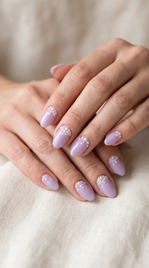 A person's hand with purple nail polish and white dots.