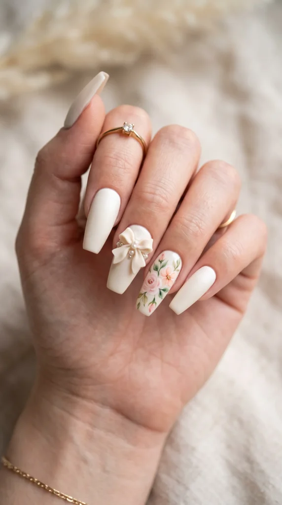 A woman's hand with a ring on her finger and a flower nail decal.