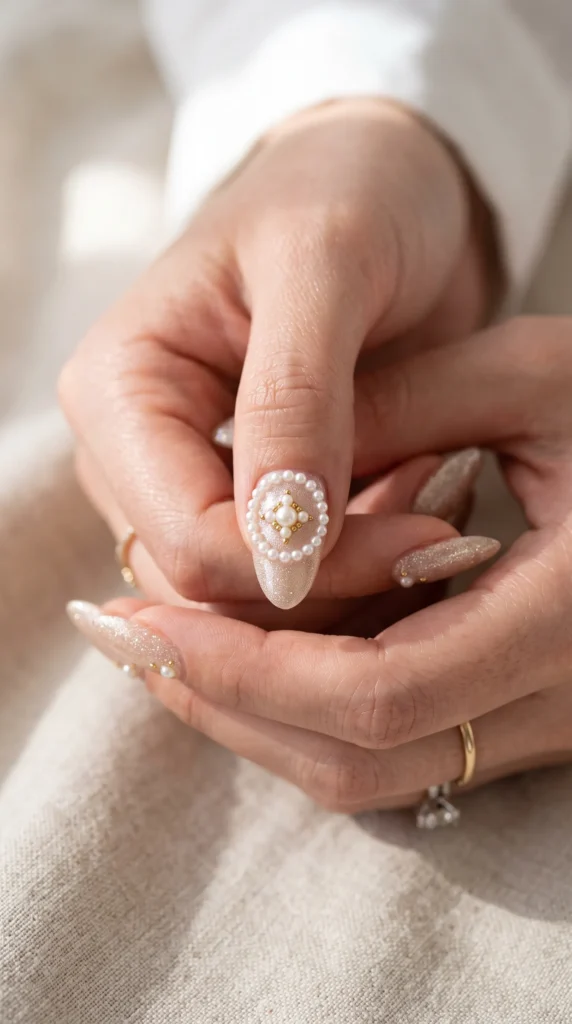 A hand holding a white flower nail.