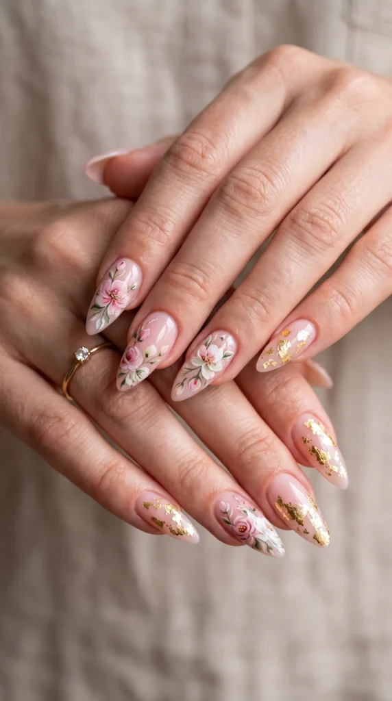 A woman's hands with pink nail polish and gold accents.