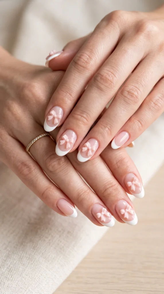 A woman's hands with pink nail polish and white accents.