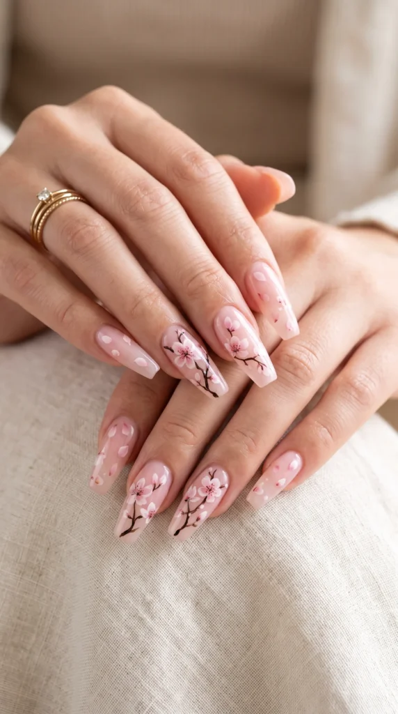 A woman with pink nails and a ring on her finger.