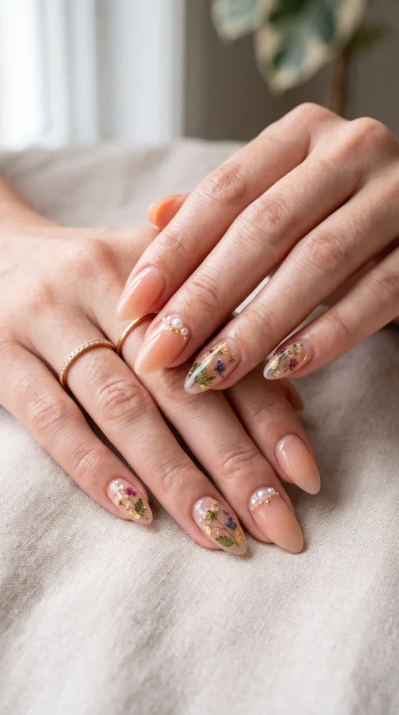 A person's hand with painted nails and a ring on the finger.