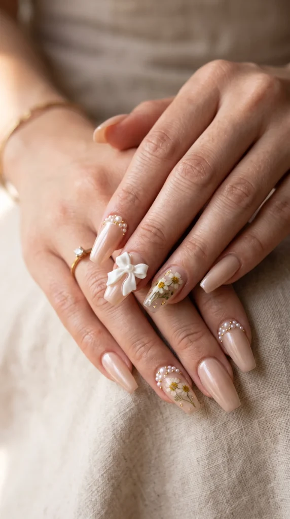 A woman's hand with a ring on her finger and painted nails.