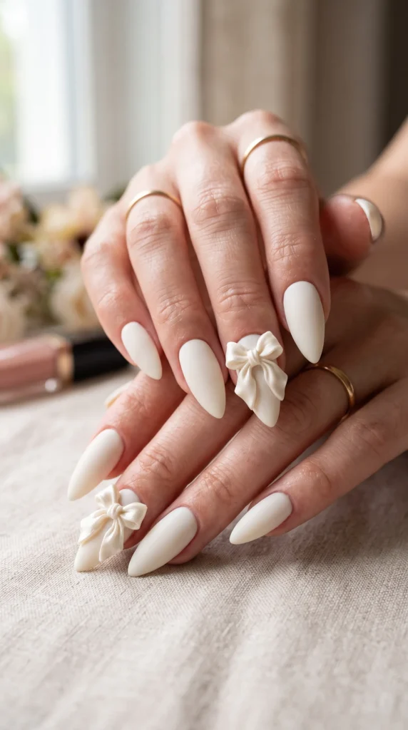 A woman with white nails and a white bow on her nails.