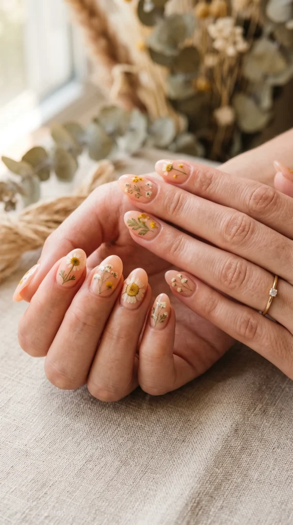 A woman with yellow nail polish and a ring on her finger.
