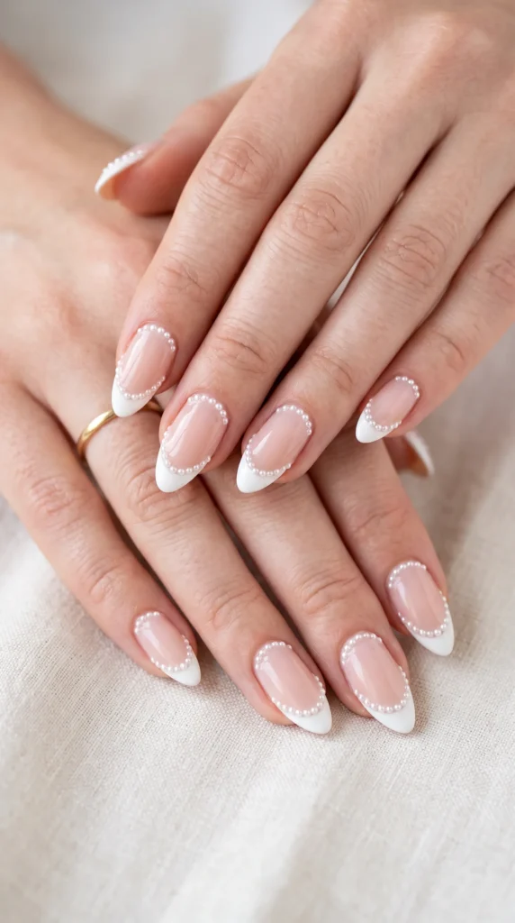 A woman's hand with a ring on her finger and a pink nail with white dots.