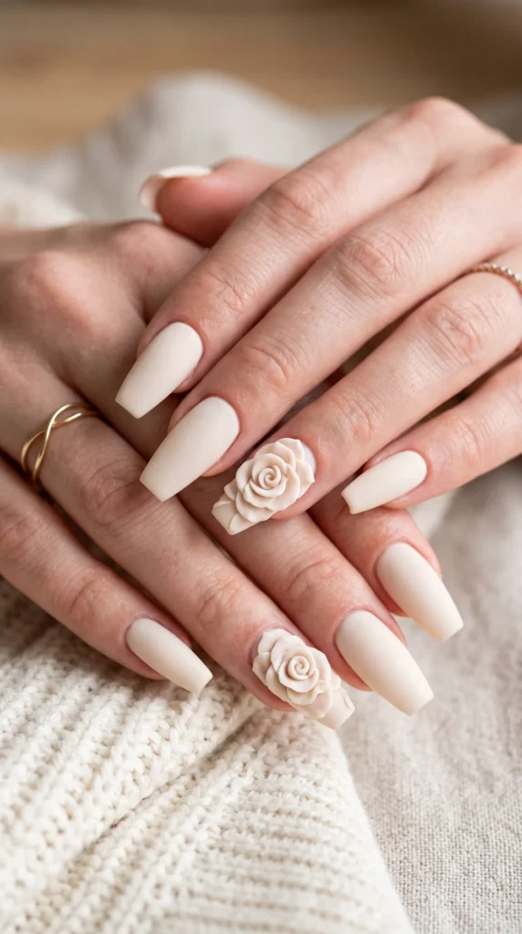 A woman's hand with a white rose painted on her nail.