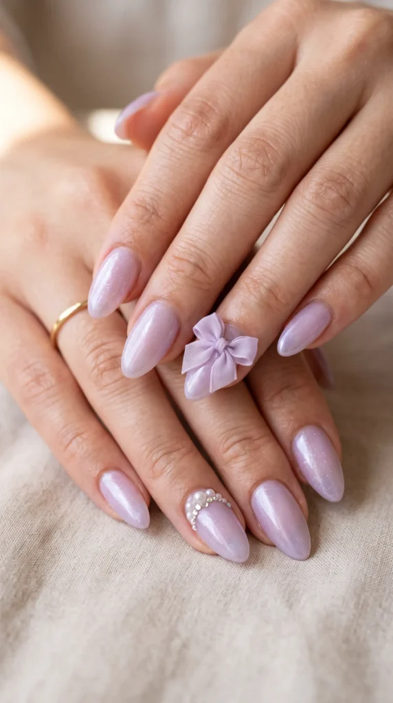 A person's hand with a purple nail polish and a ring on the finger.
