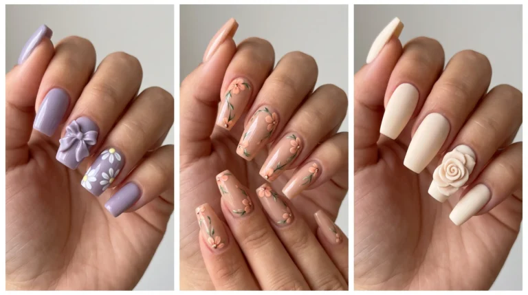 Three pictures of a woman's hands holding a nail polish bottle.