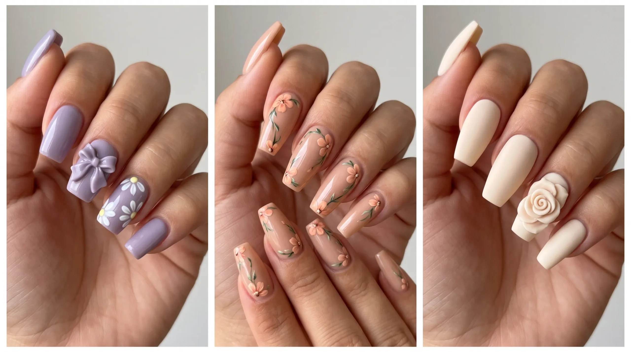 Three pictures of a woman's hands holding a nail polish bottle.