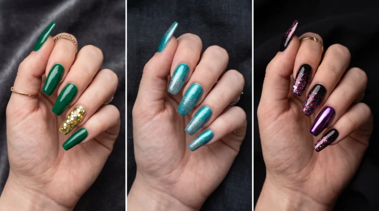 A person is holding a green and blue nail polish bottle.