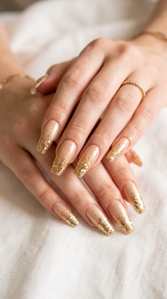 A woman's hand with gold nail polish.