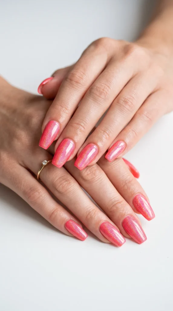 A woman's hand with pink nail polish.