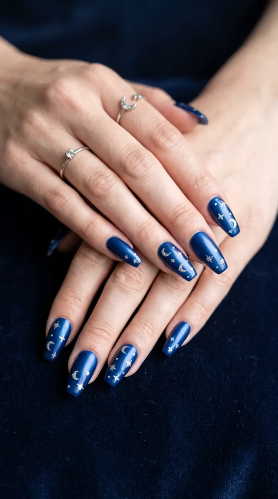 A person's hand with blue nail polish and a ring on the finger.