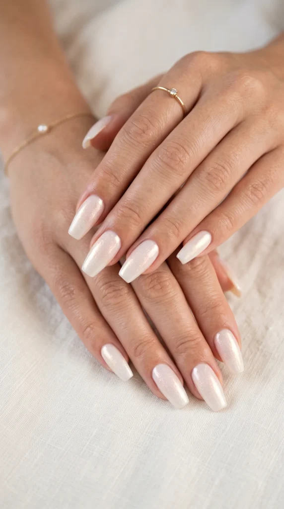 A person's hand with white nail polish.