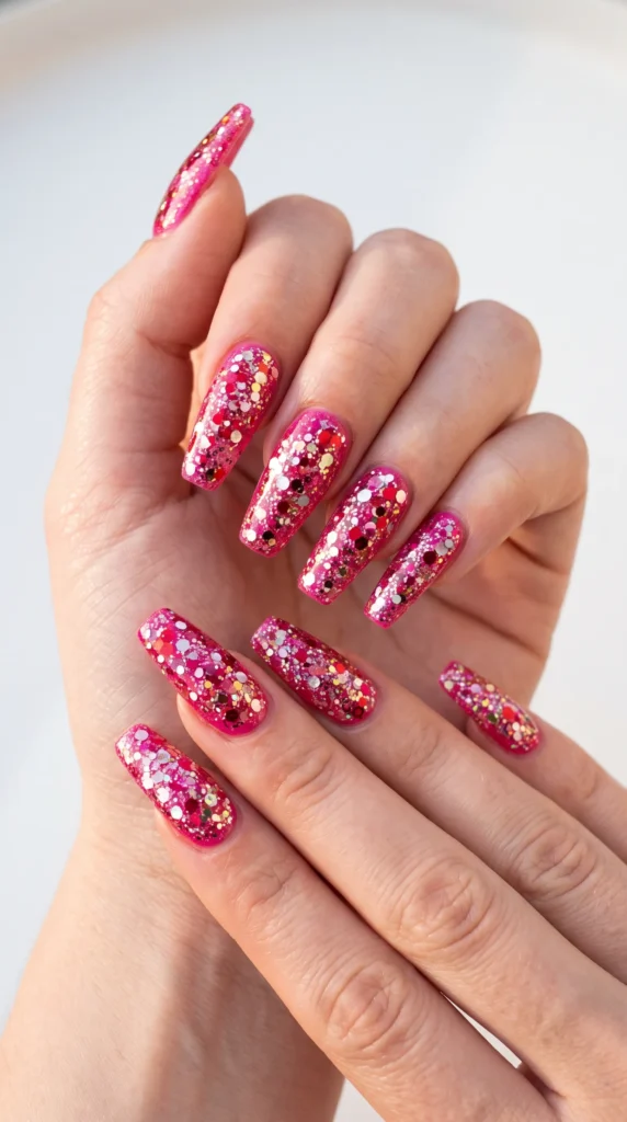 A hand with pink nail polish and glitter.
