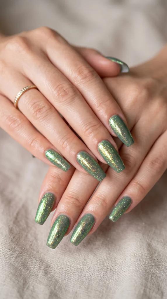 A person with green nail polish on their fingers.