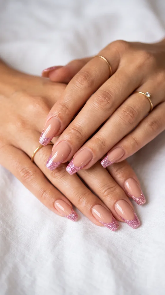 A woman's hand with pink nail polish and a gold ring.