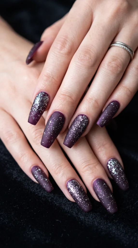 A person's hand with purple nail polish and glitter.