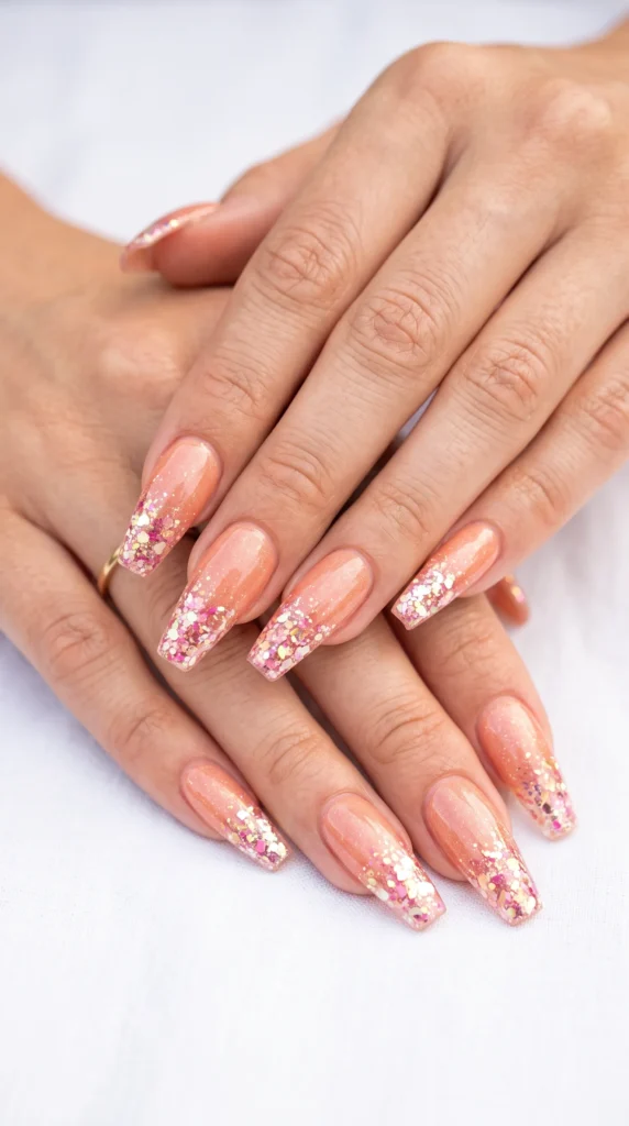 A person's hand with pink nail polish and glitter.