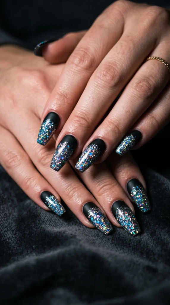 A person's hand with black and blue nail polish.