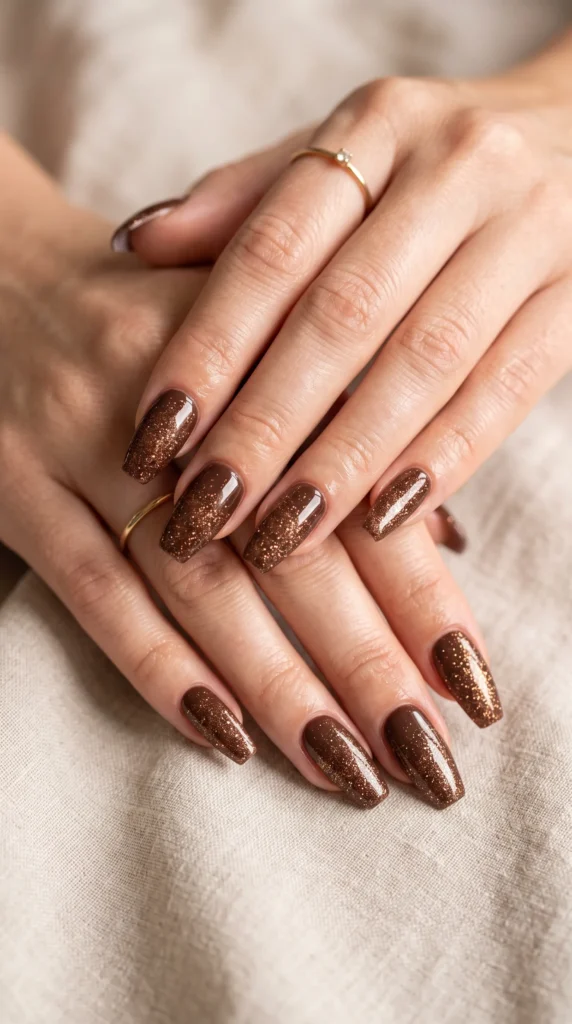 A person's hand with brown nail polish.