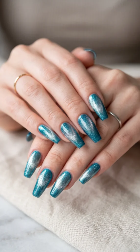 A woman's hand with blue nail polish.