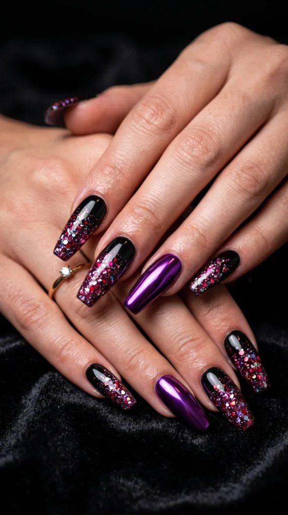 A person with purple nails and a ring on their finger.