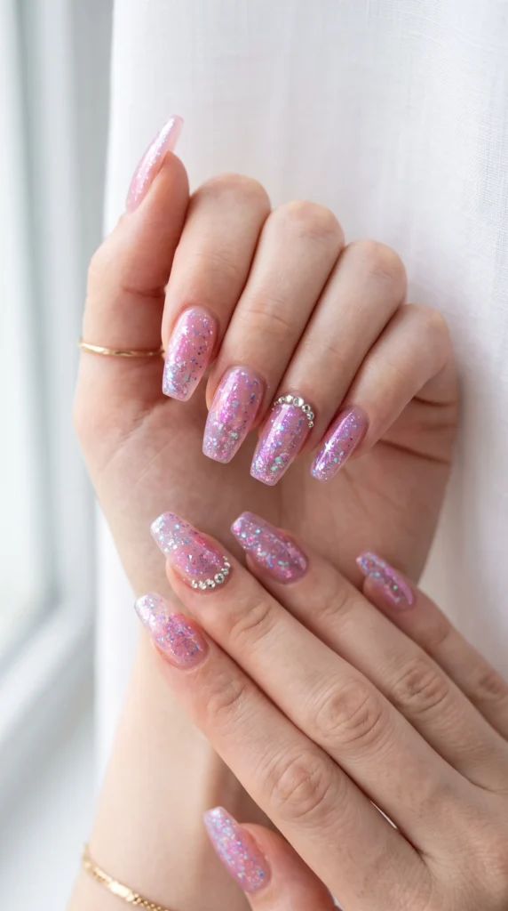 A person with pink nail polish on their fingernails.