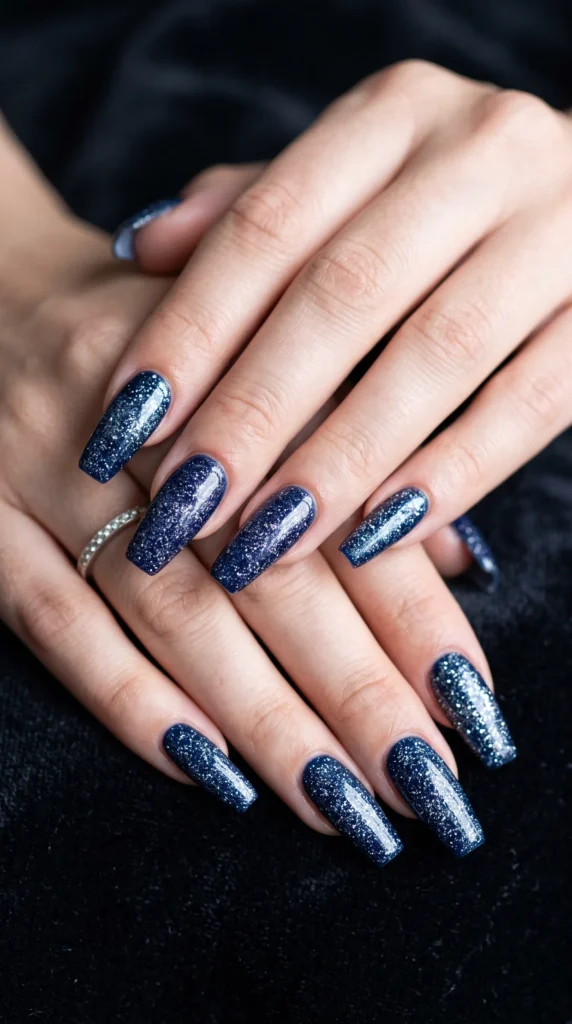 A person's hand with blue nail polish.