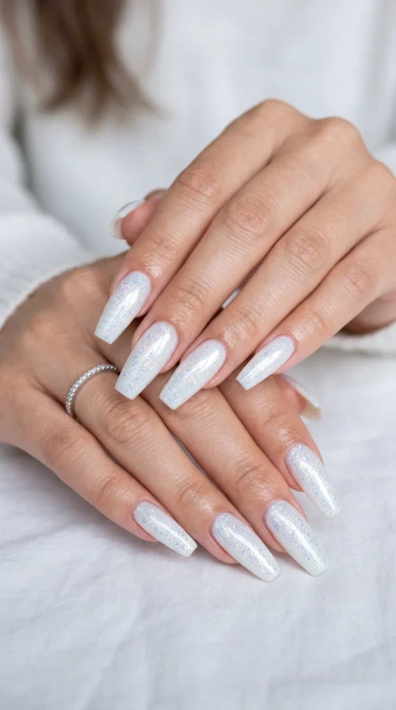 A person with white nails and a ring on their finger.
