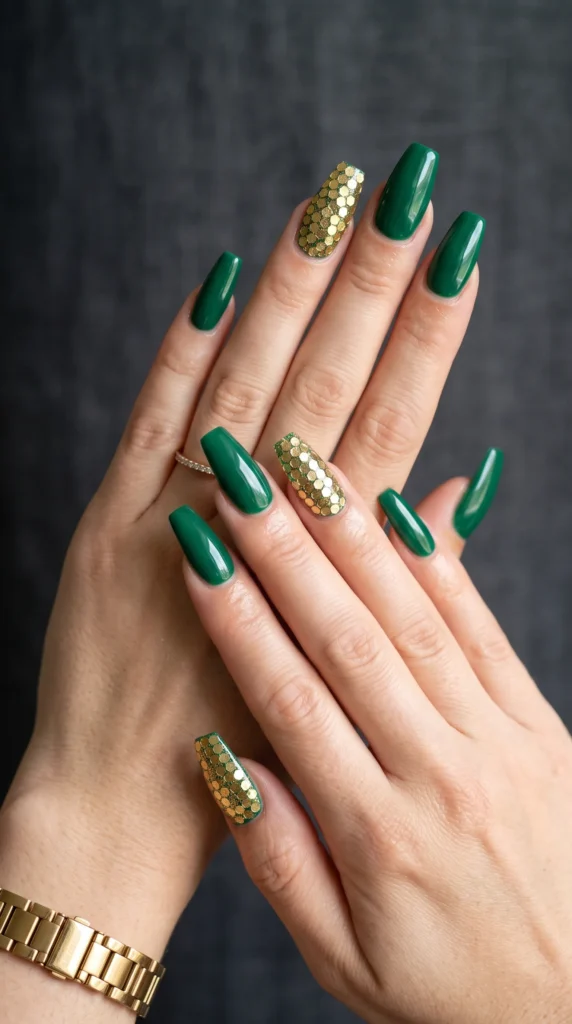 A woman with green nail polish and a ring on her finger.