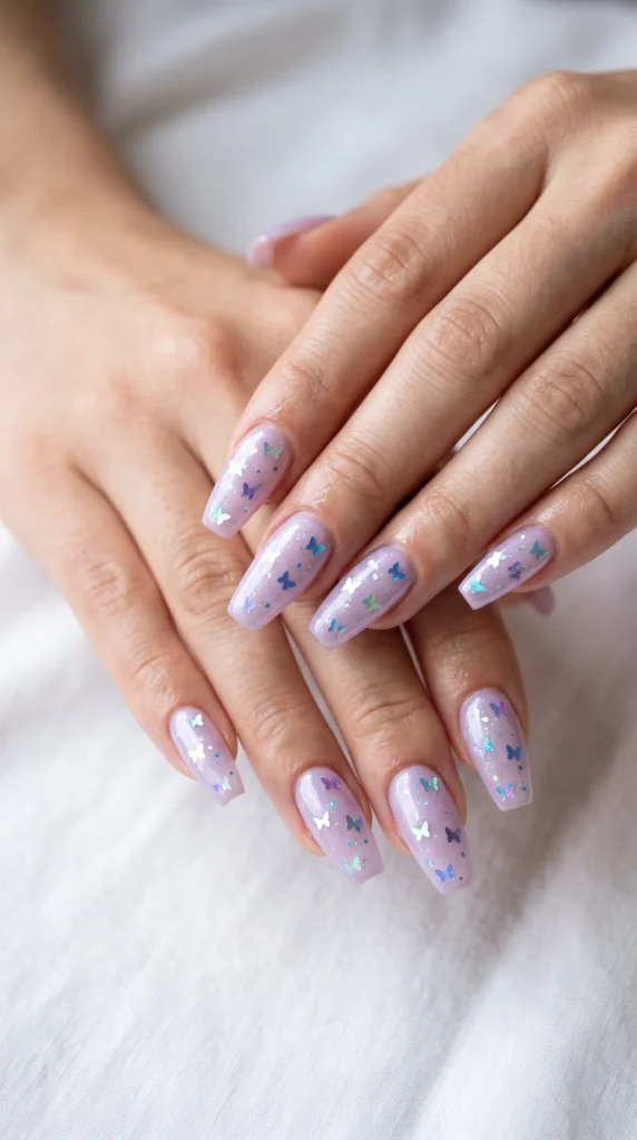 A person's hand with purple nail polish and blue stars.
