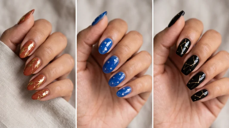 A person's hand with blue star nail polish.