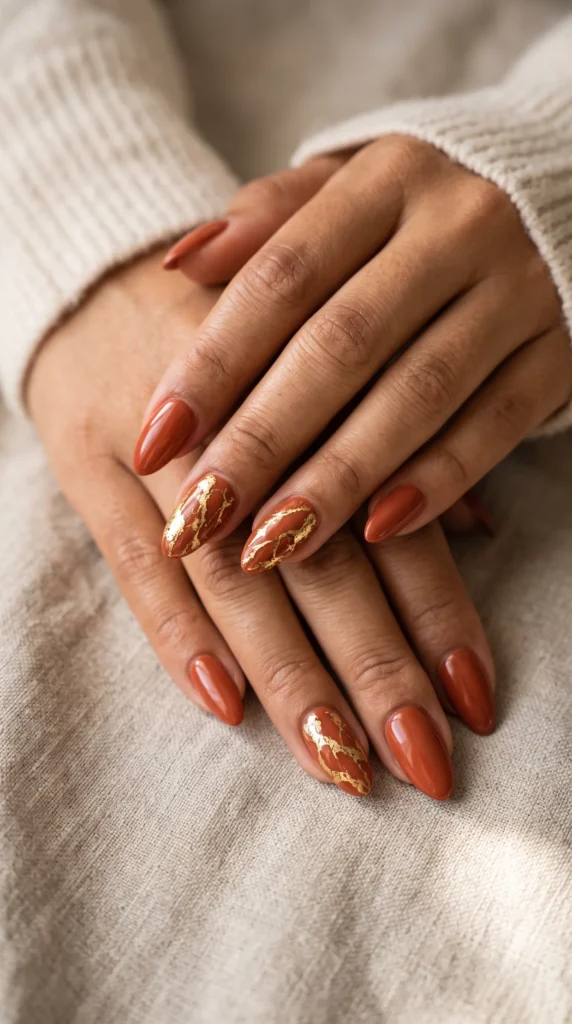 A person with orange nail polish and gold accents on their nails.