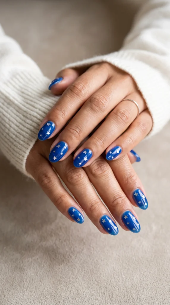 A woman with blue star nails.