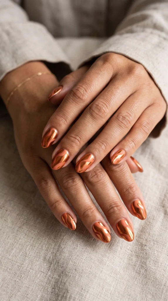 A person with orange nail polish on their fingernails.